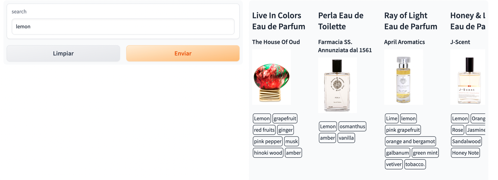 Captura de la interfaz del buscador buscando «lemon»: muestra perfumes cuyas notas incluyen limón.