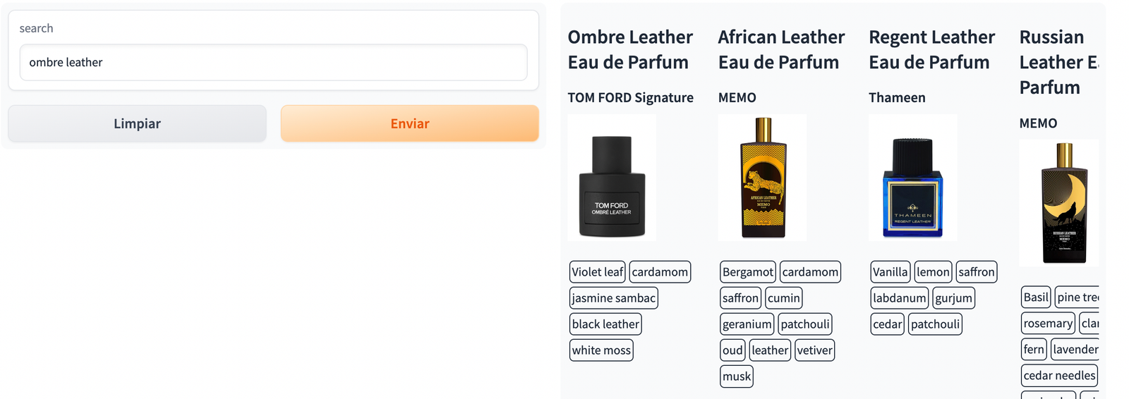 Captura de la interfaz del buscador buscando «ombre leather»: muestra perfumes de Tom Ford, MEMO y Thameen con sus notas olfativas.