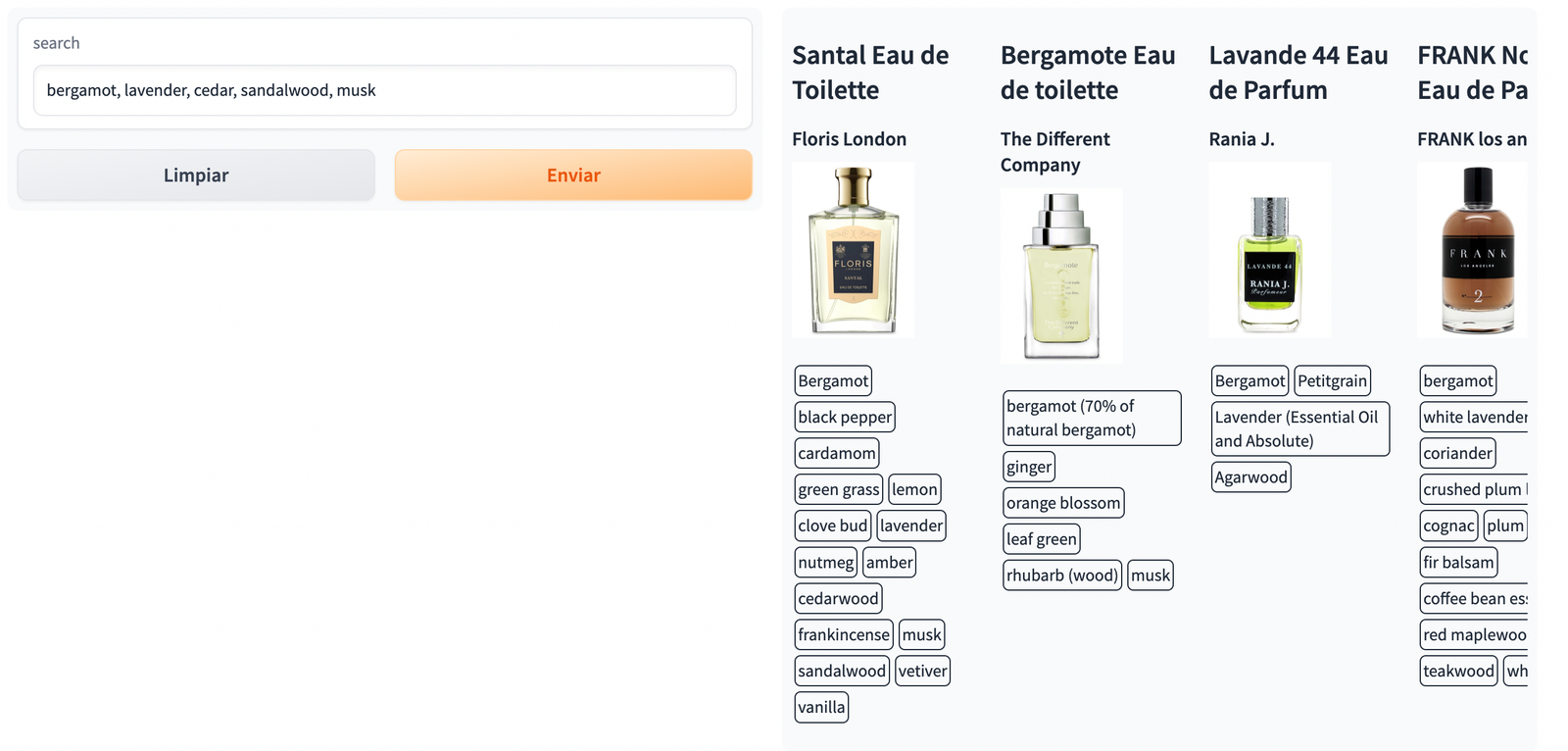 Captura del buscador consultando por notas («bergamot, lavender, cedar, sandalwood, musk») con los perfumes encontrados y sus notas.