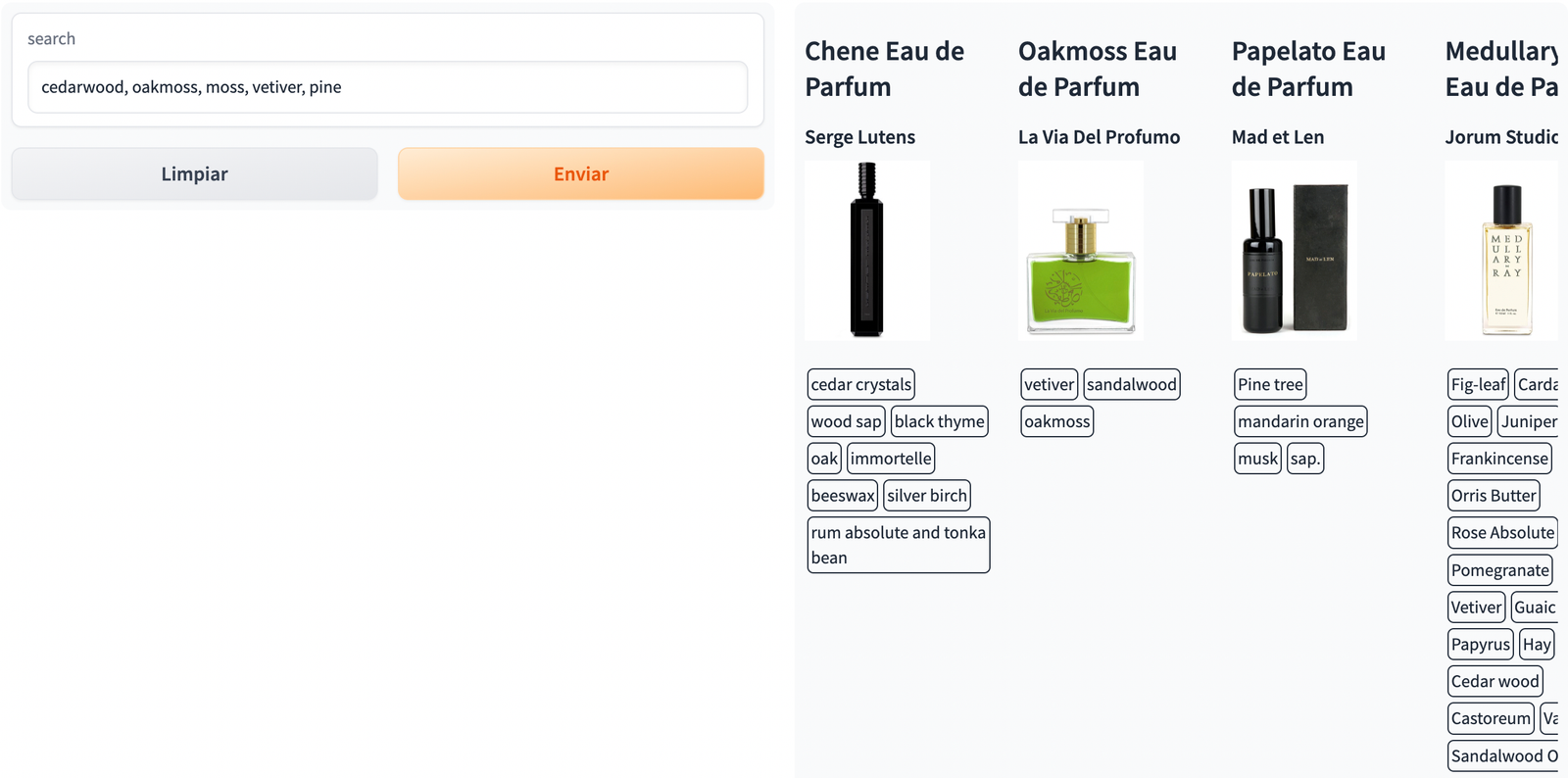 Captura del buscador consultando por «cedarwood, oakmoss, moss, vetiver, pine» con los perfumes encontrados.