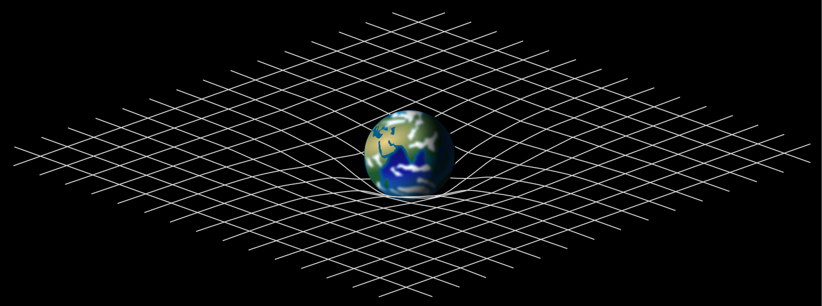 Una rejilla que se curva alrededor de la Tierra, ilustración de cómo la masa deforma el espacio-tiempo.