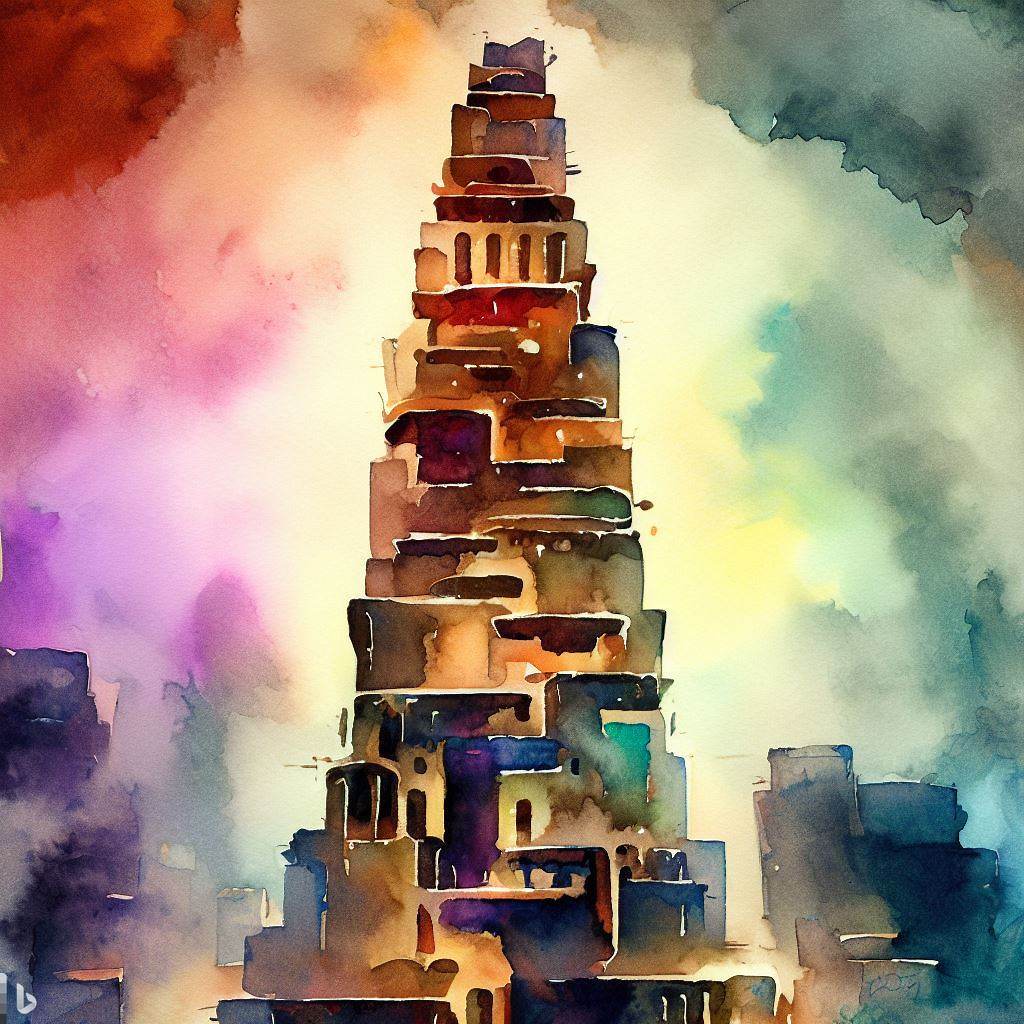 Acuarela de una torre de varios pisos entre nubes de colores: la Torre de Babel, generada con Bing.