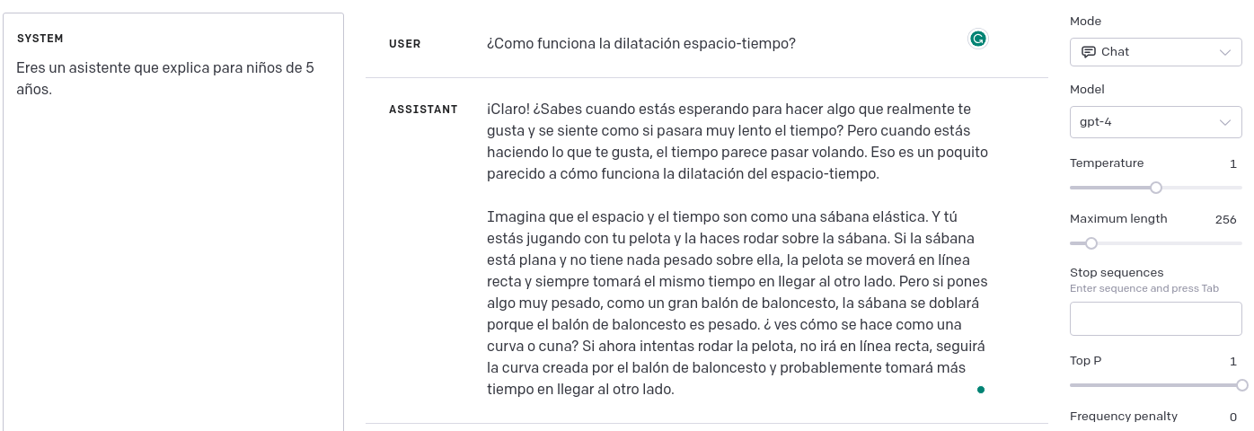 Captura de una conversación: el sistema pide explicar como a un niño de 5 años, el usuario pregunta cómo funciona la dilatación espacio-tiempo y el asistente responde con la analogía de una sábana elástica.